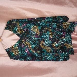 (b2-7) Black Teal Gold Purple Abstract V Neck Ruffle bottom long sleeve Tunic 3X
